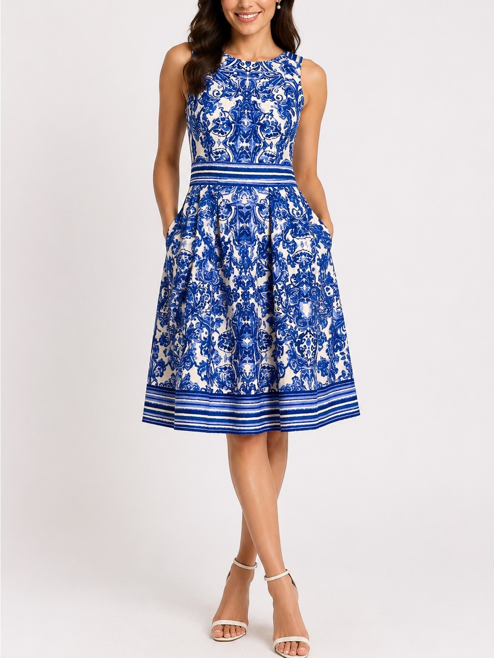 Eliza J Blue White Baroque Print Fit & Flare Dress Pockets Size 4